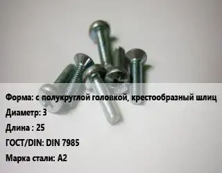 Винт с полукруглой головкой, крестообразный шлиц 3х25 DIN 7985 Сталь: A2